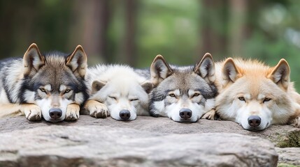 Poster - Four Beautiful Wolves Relaxing Together on a Warm Sunny Day : Generative AI