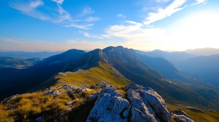 Poster - Breathtaking Mountain Landscape with Blue Sky and Rolling Hills at Golden Hour : Generative AI