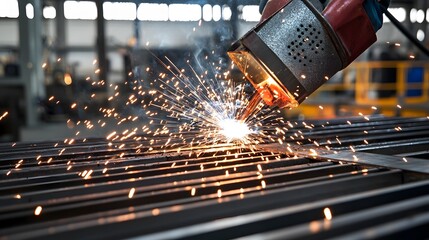 Leinwandbilder - A photo showcasing the creative process of a welded metal artwork with vibrant sparks highlighting the intricate designs and dynamic metalwork taking place in an industrial workshop setting
