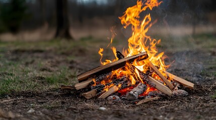 Aufkleber - A photograph of a blazing bonfire built from driftwood with twisting flames creating organic and random patterns that dance and flicker illuminating the surrounding wilderness with a warm cozy