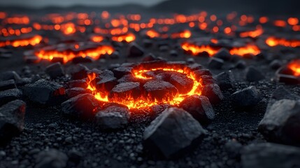 Poster - A photograph showcasing a captivating spiral arrangement of fiery coals creating a mesmerizing flow of light and warmth