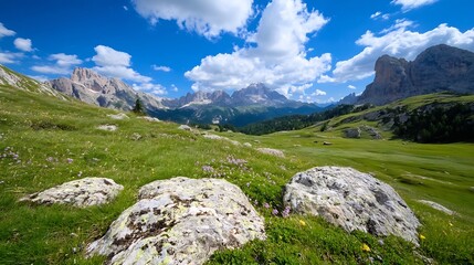 Poster - Breathtaking Mountain Landscape with Vibrant Green Grass and Dramatic Sky : Generative AI