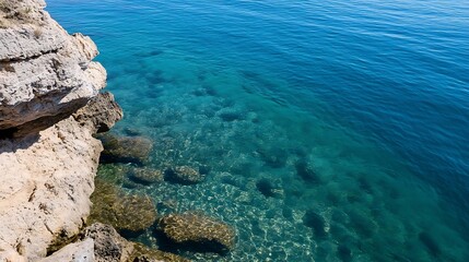 Poster - Clear turquoise waters and rocky shoreline at a peaceful coastal location : Generative AI
