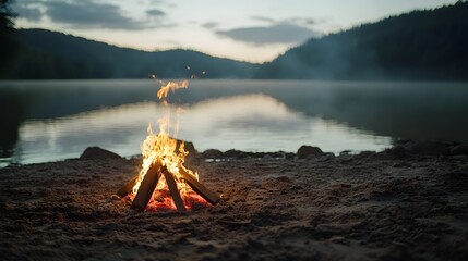 Aufkleber - A rustic campfire with flames dancing and flickering to form a mystical ethereal creature casting dramatic shadows across the still waters of a peaceful lakeside landscape at sunset