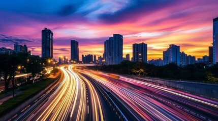 Poster - Vibrant twilight urban scene with stunning sky colors and dynamic vehicle light trails