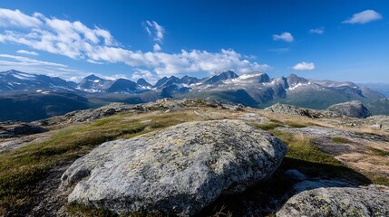 Poster - Breathtaking Mountain Landscape with Rocks Greenery and Clear Blue Sky in Norway : Generative AI