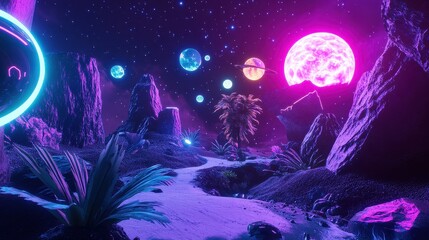 Wall Mural - Futuristic Alien Landscape with Colorful Planets and Stars