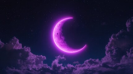 a glowing purple crescent moon shines over nighttime clouds