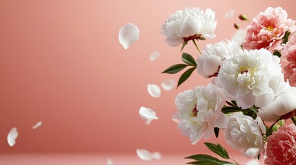 Poster - Vase filled with white and pink flowers on a wooden table in a bright indoor setting