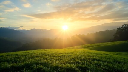 Poster - Dramatic Sunrise Over Rolling Green Hills and Majestic Mountains : Generative AI