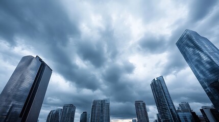 Aufkleber - Dramatic Urban Skyline Under Dark Cloudy Skies with Skyscrapers and Moody Atmosphere : Generative AI
