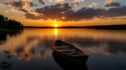 Aufkleber - Calm Tranquil Scene of a Boat on Still Water Reflecting a Glorious Sunset and Dramatic Cloudscape : Generative AI