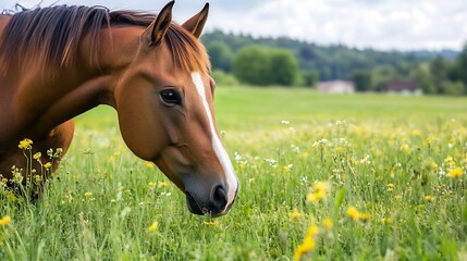 Poster - Majestic brown horse grazing in a flower-filled meadow under a cloudy sky : Generative AI