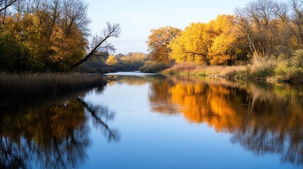 Poster - Breathtaking autumn scenery with vibrant orange trees reflected in calm river water : Generative AI