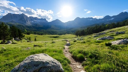 Poster - Beautiful Scenic Mountain Landscape with Green Grass Field and Blue Sky under Bright Sunlight : Generative AI