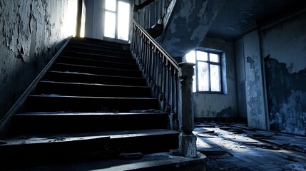Aufkleber - Abandoned Staircase In A Dimly Lit Room Evoking Mystery And Forgotten History : Generative AI