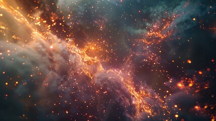 Poster - Abstract galaxy with swirling blue and orange particles. Digital artwork for design of cloud and smoke with starry sky with glowing start and planet in nebula or solar system. Universe design. AIG53.