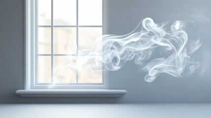 Poster - A beautiful display of soft smoke swirling through a sunlit window creates a tranquil atmosphere. The light filtering in enhances the magical quality of the moment