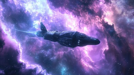 Wall Mural - Futuristic Spacecraft Gliding Through Colorful Cosmic Nebula