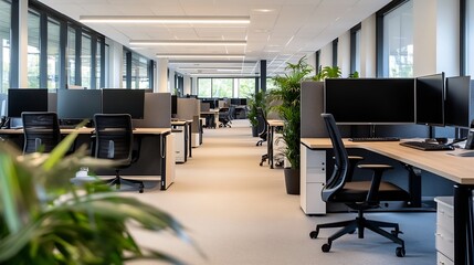 Fototapete - Spacious Modern Office Workspace With Plants And Technology Integration : Generative AI
