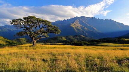 Poster - Lone tree in golden grass field against majestic mountains and blue sky : Generative AI