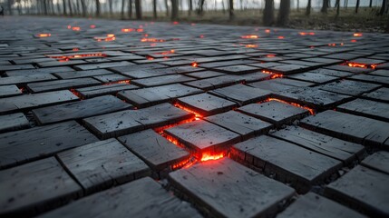 Leinwandbilder - Charred Wood Mosaic with Glowing Embers   A Creative Abstract Composition Featuring a Mosaic Pattern of Burnt Wood Pieces Illuminated by Smoldering Red Embers