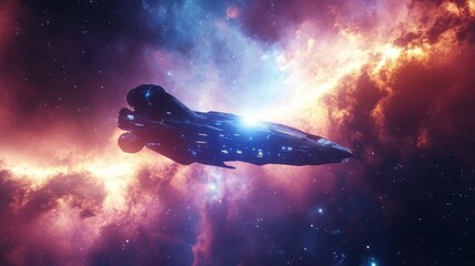 Wall Mural - futuristic spaceship gliding through colorful nebula in deep space