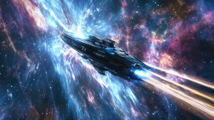 Wall Mural - Futuristic spaceship traveling through vibrant cosmic nebula