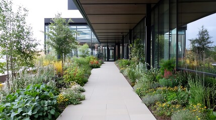 Poster - Lush Green Garden Pathway Surrounded by Trees and Flowers Under Modern Architecture : Generative AI
