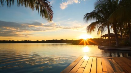 Aufkleber - Serene Sunset Over Calm Lake with Palm Trees in Warm Tropical Setting : Generative AI