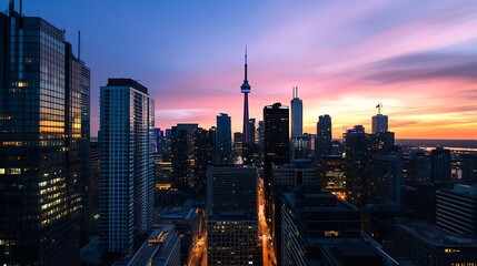 Poster - Dramatic City Skyline Silhouetted Against a Colorful Dusk Sky : Generative AI