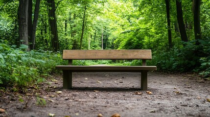 Aufkleber - An empty wooden bench inviting reflection in a lush green forest pathway setting : Generative AI
