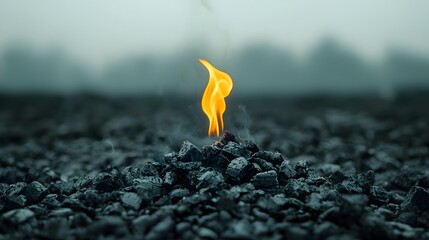 Aufkleber - Close up of a single flame rising from a bed of glowing coals with swirling smoke creating a moody atmospheric ambiance around the isolated fiery source of heat and light