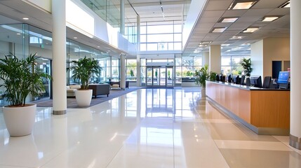 Poster - Modern and bright office reception area with large windows offering a welcoming ambiance : Generative AI