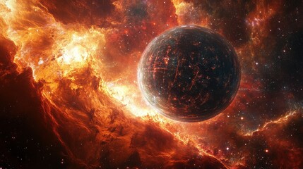 Wall Mural - Glowing Cosmic Landscape with Fiery Nebula and Dark Planet