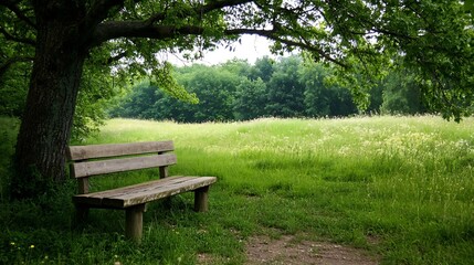 Aufkleber - Solitary Wooden Bench Under a Tree Surrounded by Lush Green Grass and Calm Nature : Generative AI