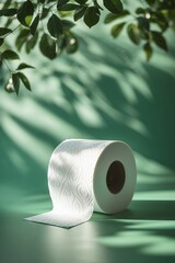 Poster - roll of paper towel on a green surface surrounded by soft shadows and leaves under bright lighting i