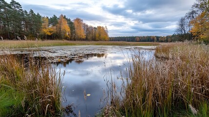 Aufkleber - Peaceful Autumn Landscape of Calm Lake Surrounded by Golden Trees and Cloudy Sky : Generative AI