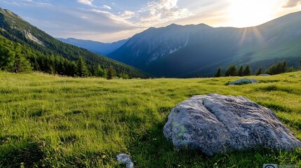 Canvas Print - Breathtaking Mountain Landscape at Sunset with Sun Rays Over a Green Meadow : Generative AI