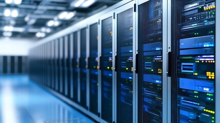 Poster - High Tech Data Center with Server Racks Illuminated in Blue Light : Generative AI