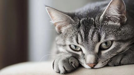 Poster - Close up of a grey tabby cat resting peacefully with dreamy eyes on a soft surface : Generative AI