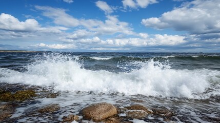 Leinwandbilder - Dramatic Ocean Waves Crashing on Rocky Shore Under Cloudy Sky Creating a Powerful Seascape : Generative AI