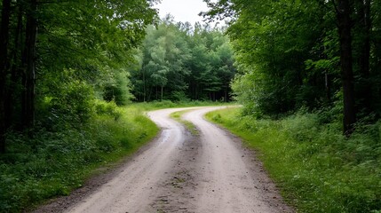 Canvas Print - Winding Dirt Road Amidst Lush Green Trees in a Serene Forest Setting : Generative AI