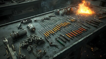 Leinwandbilder - Closeup view of various welding electrodes tools and equipment laid out on a metal workbench with glowing embers and sparks nearby