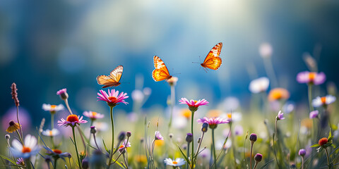 Wall Mural - Picturesque sunset nature meadow field with butterfly as spring summer background concept. Beautiful seasonal lush floral foliage colorful blur. Amazing inspire nature closeup. Inspire beauty. 