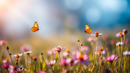 Wall Mural - Picturesque sunset nature meadow field with butterfly as spring summer background concept. Beautiful seasonal lush floral foliage colorful blur. Amazing inspire nature closeup. Inspire beauty. 