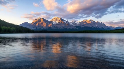 Poster - Stunning panorama of majestic mountain peaks reflected in a clear lake under a colorful sky : Generative AI