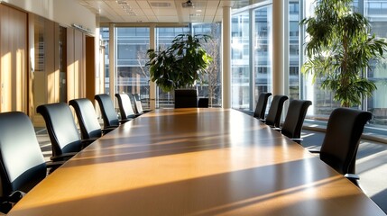 Fototapete - Bright Modern Conference Room with Large Table and Stunning Natural Light Streaming Through Windows : Generative AI