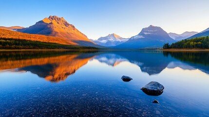 Poster - Stunning panoramic view of serene mountain lake reflecting rugged peaks under golden sunlight : Generative AI