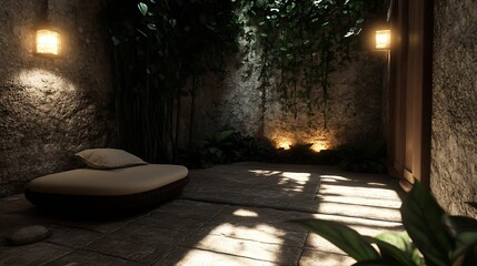 Aufkleber - Tranquil indoor retreat with ambient lighting and lush greenery for relaxation and wellness : Generative AI